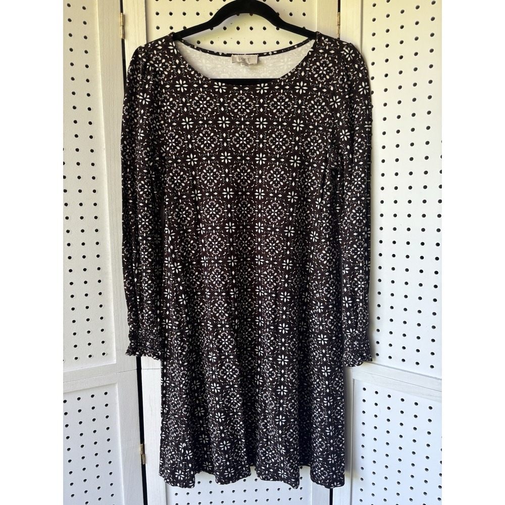 LOFT Outlet Long SLV Tee Shirt Dress Knee Brown Black Geo Print Size XS Rayon
